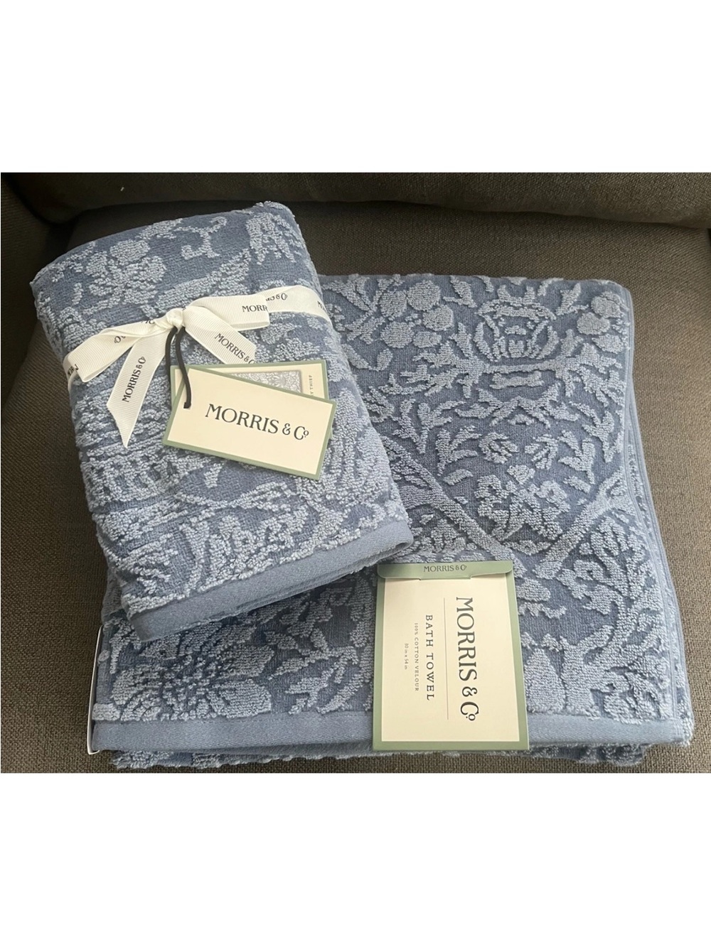 4pc William Morris Co Bath Towels Strawberry Thief blue  Velour Towel Set rare